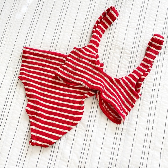 HUNZA G Nadine Striped Bikini Crinkle Stretch Ring Top Red White High Waisted - Picture 8 of 8